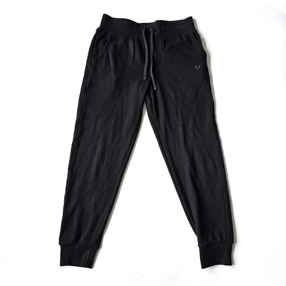 True Religion Shine Jogger Sweatpants Black Cotton Blend Logo Lounge Athletic S